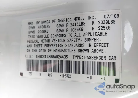 2009 Honda Accord 2.4 Ex-L из США, поврежденный, VIN 1HGCS12899A024435